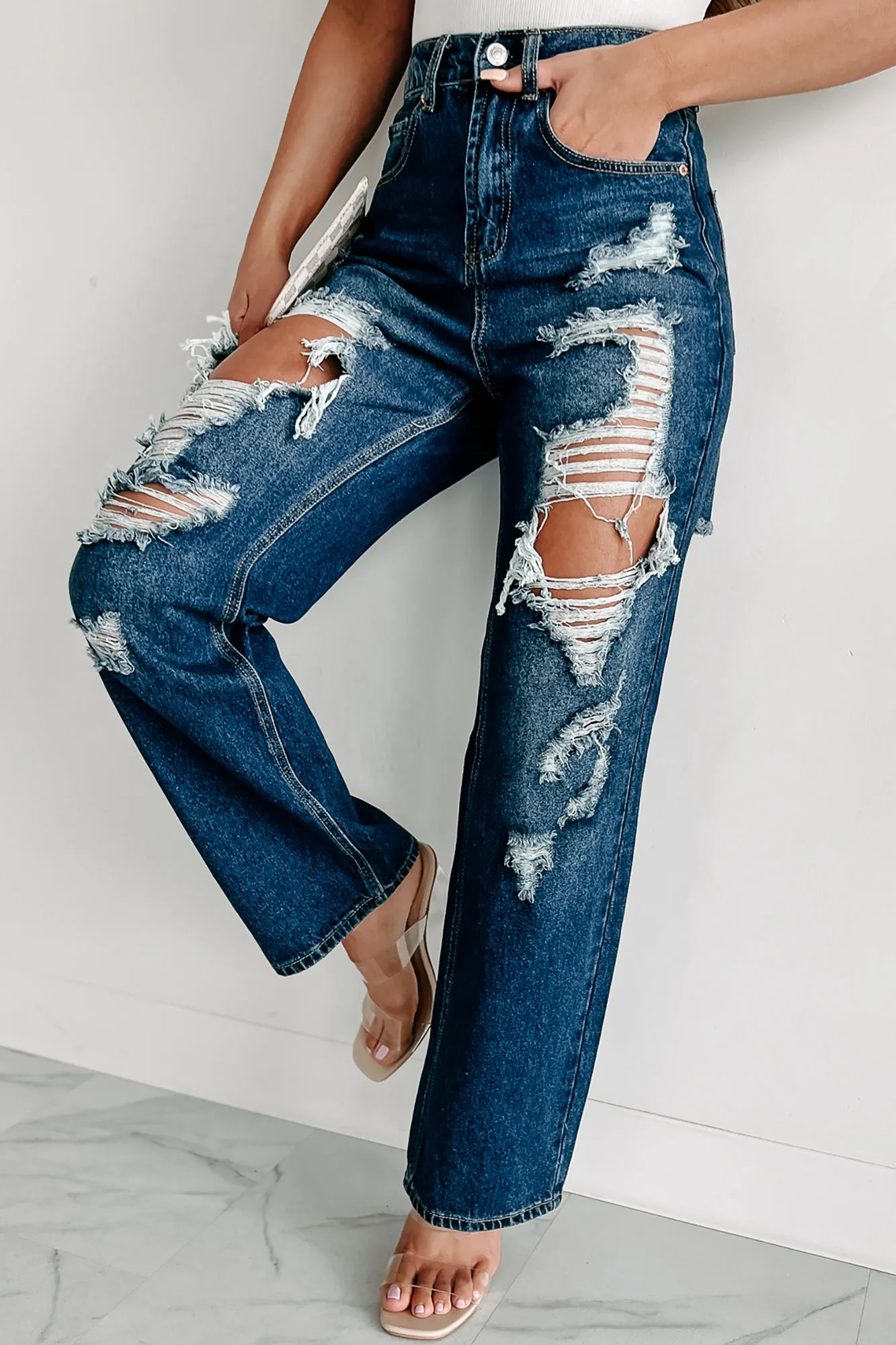 For A Change High Rise Distressed Wide Leg Jeans (Dark)