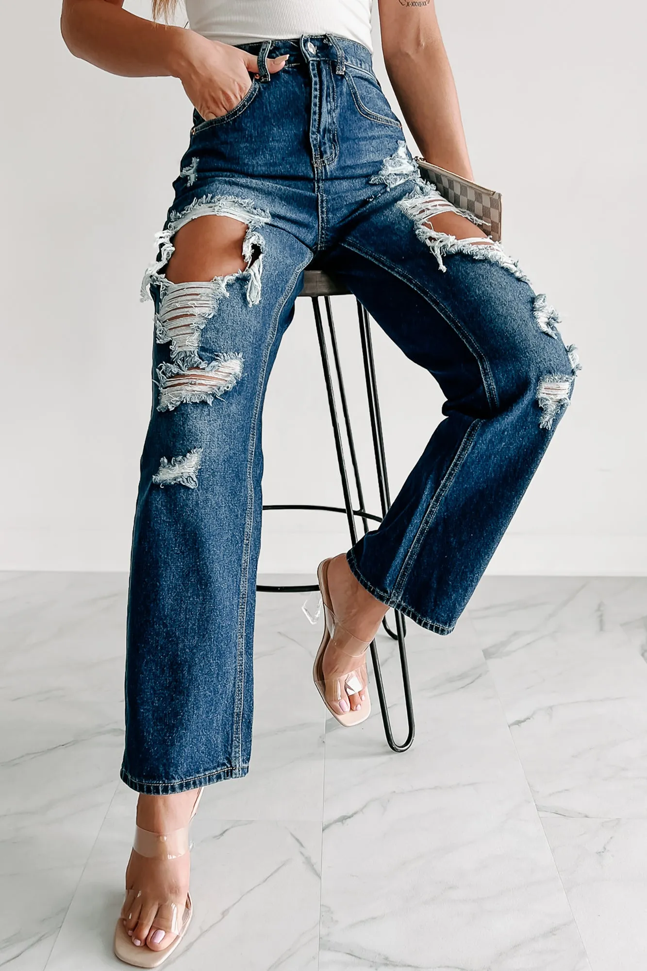 For A Change High Rise Distressed Wide Leg Jeans (Dark)