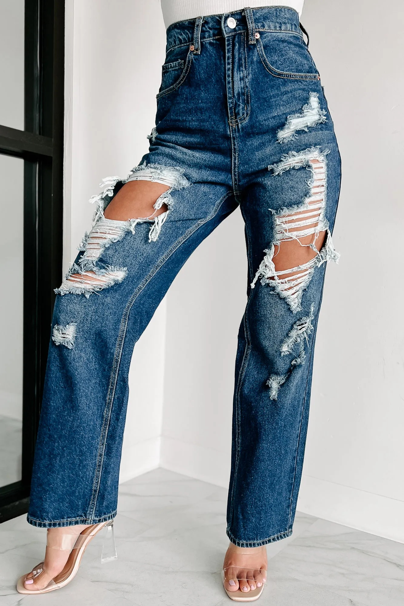 For A Change High Rise Distressed Wide Leg Jeans (Dark)