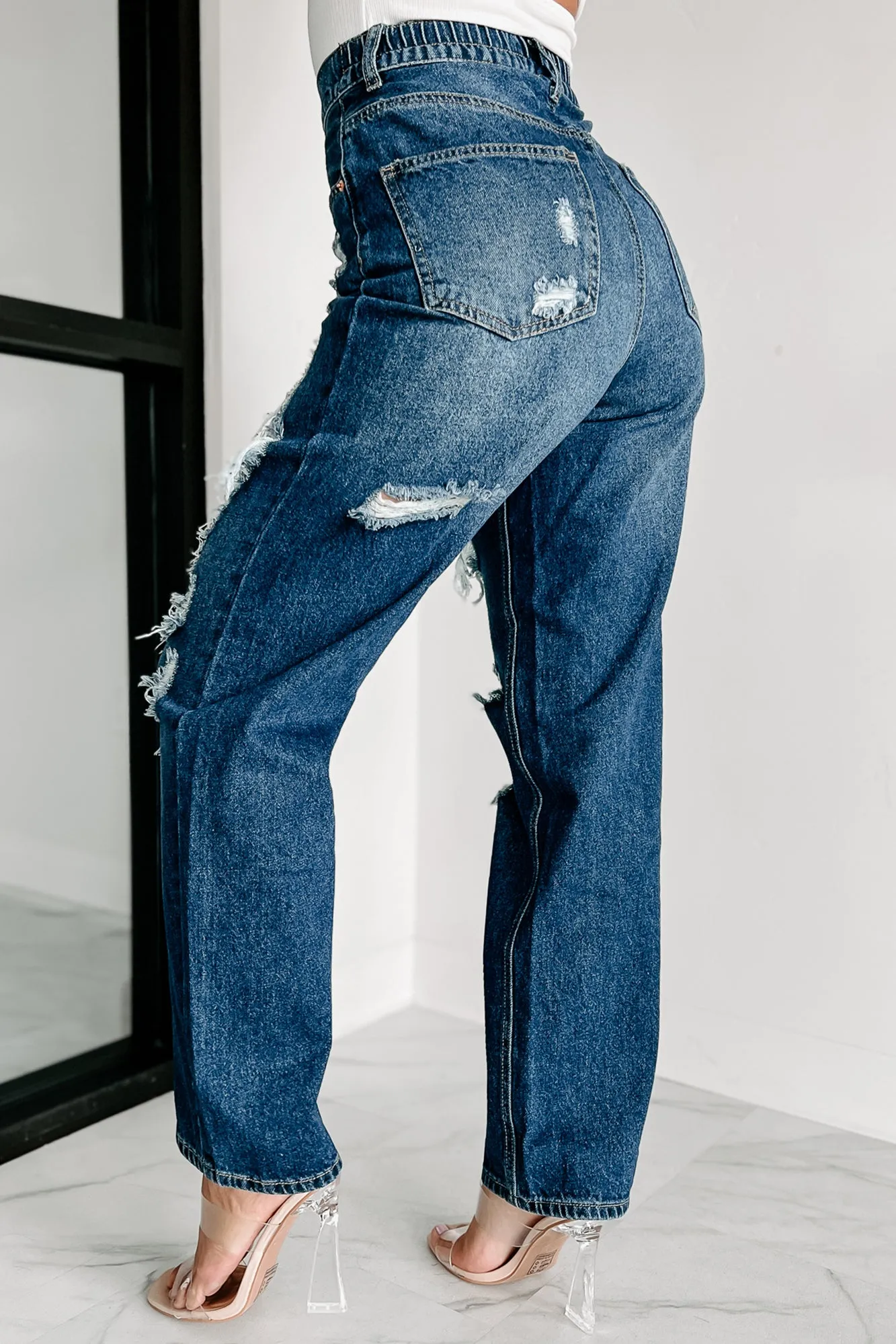 For A Change High Rise Distressed Wide Leg Jeans (Dark)