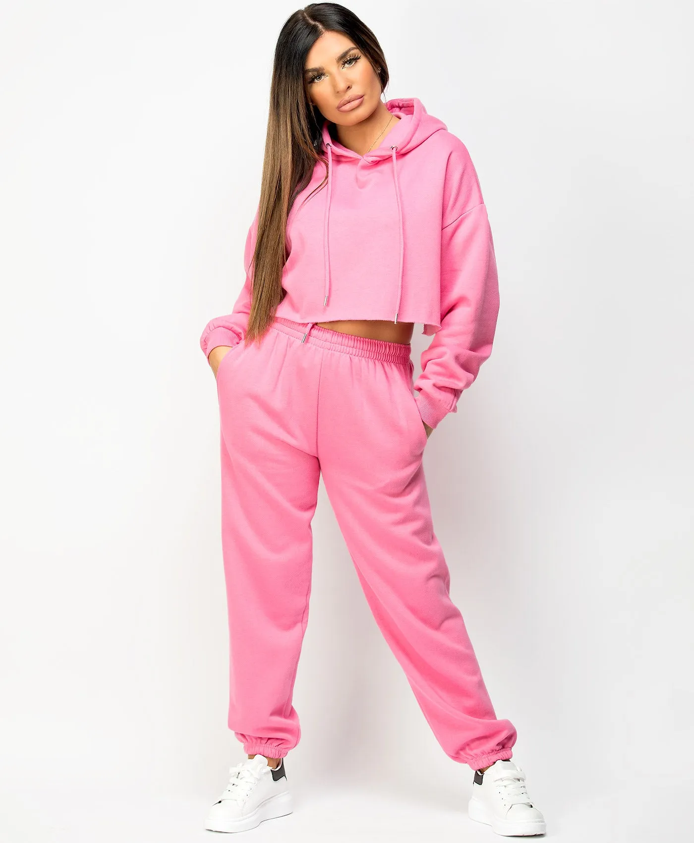 Fuchsia Oversized Cropped Hoodie & Joggers Loungewear Set