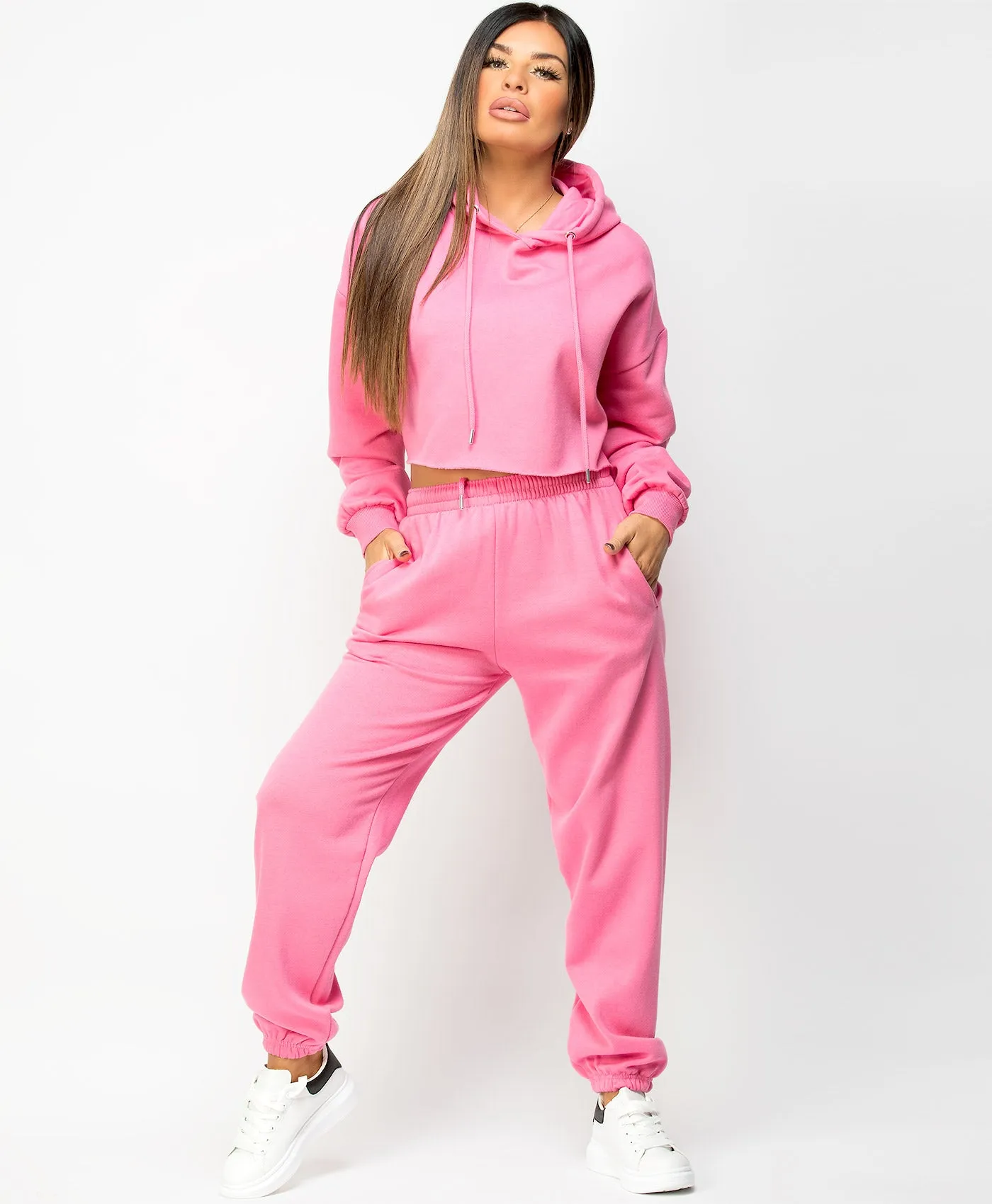 Fuchsia Oversized Cropped Hoodie & Joggers Loungewear Set