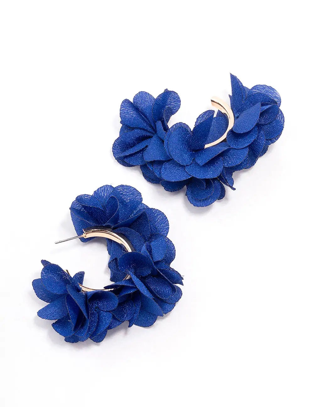 Gold Navy Fabric Flower Hoop Earrings