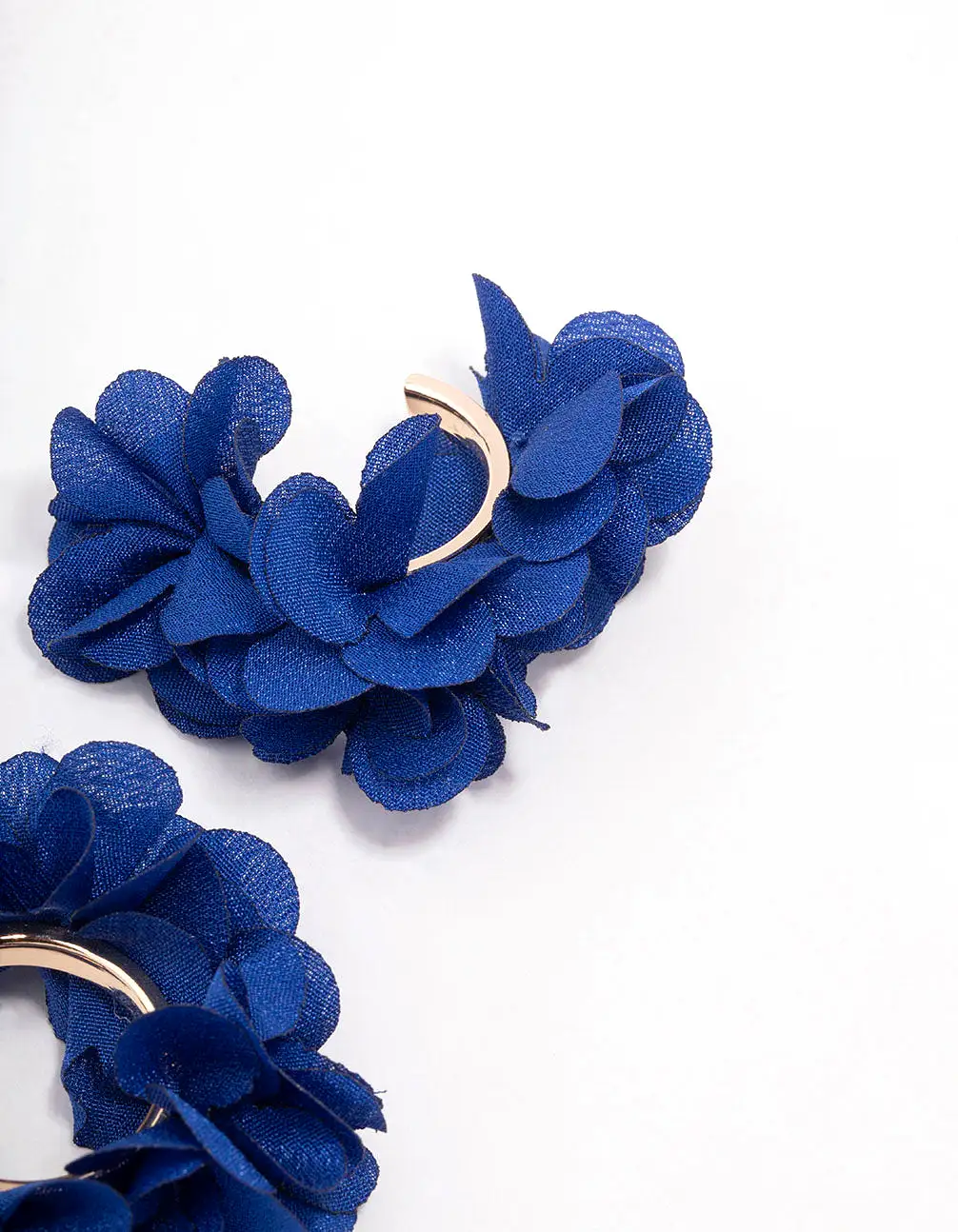 Gold Navy Fabric Flower Hoop Earrings