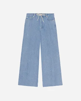 Heavy Denim Wide Drawstring Jeans - Light Blue Stone