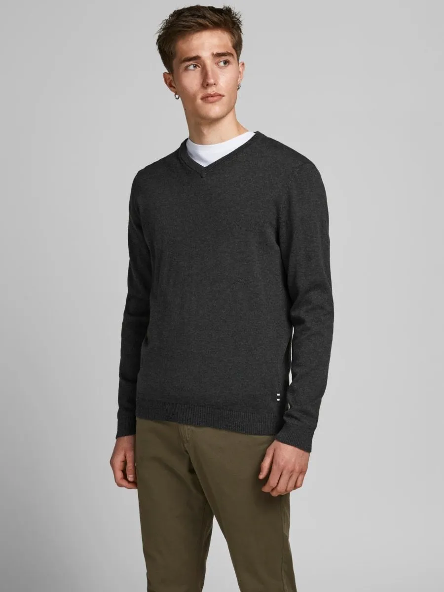 Jack & Jones Basic Knit V-Neck Jumper Dark Grey Melange