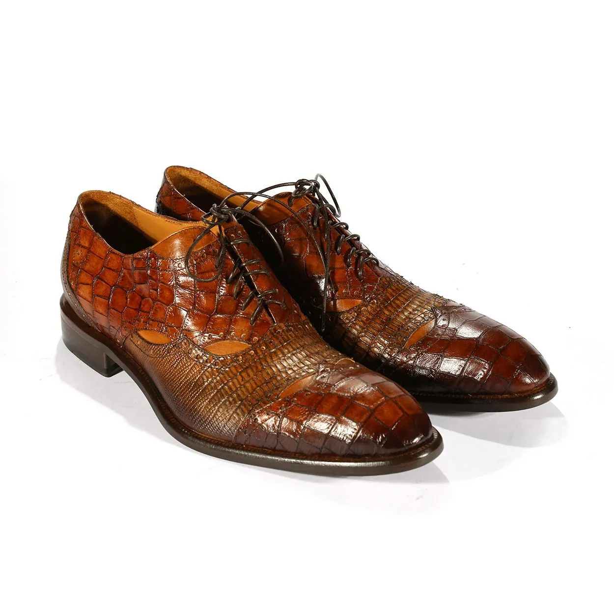 Jo Ghost 2025 Men's Shoes Brown Alligator & Lizard Print / Calf-Skin Leather Oxfords (JG5262)