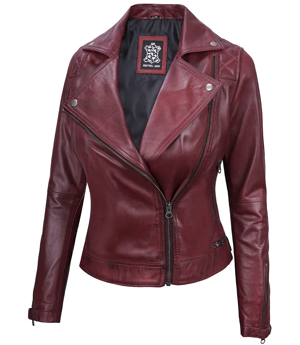 Kimberley Quilted Leather Motorcycle Maroon Jacket for Women