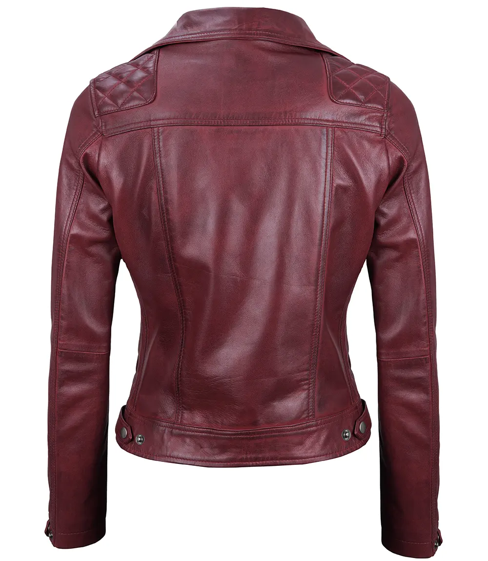 Kimberley Quilted Leather Motorcycle Maroon Jacket for Women