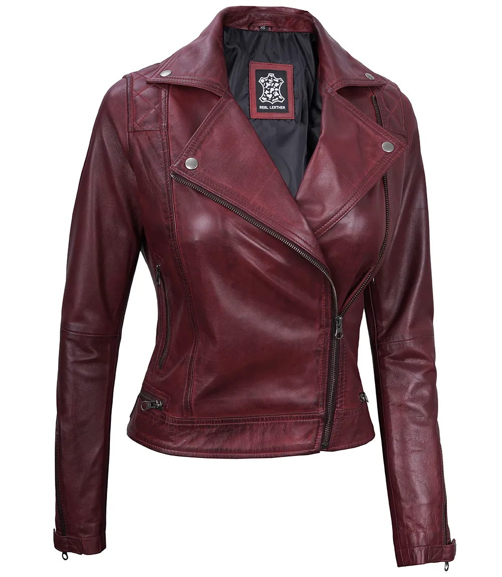 Kimberley Quilted Leather Motorcycle Maroon Jacket for Women