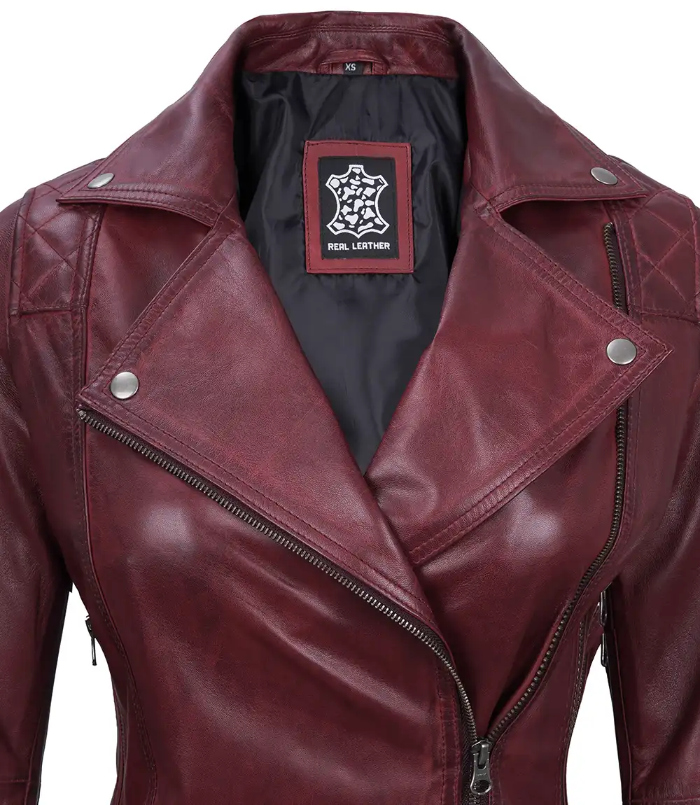 Kimberley Quilted Leather Motorcycle Maroon Jacket for Women