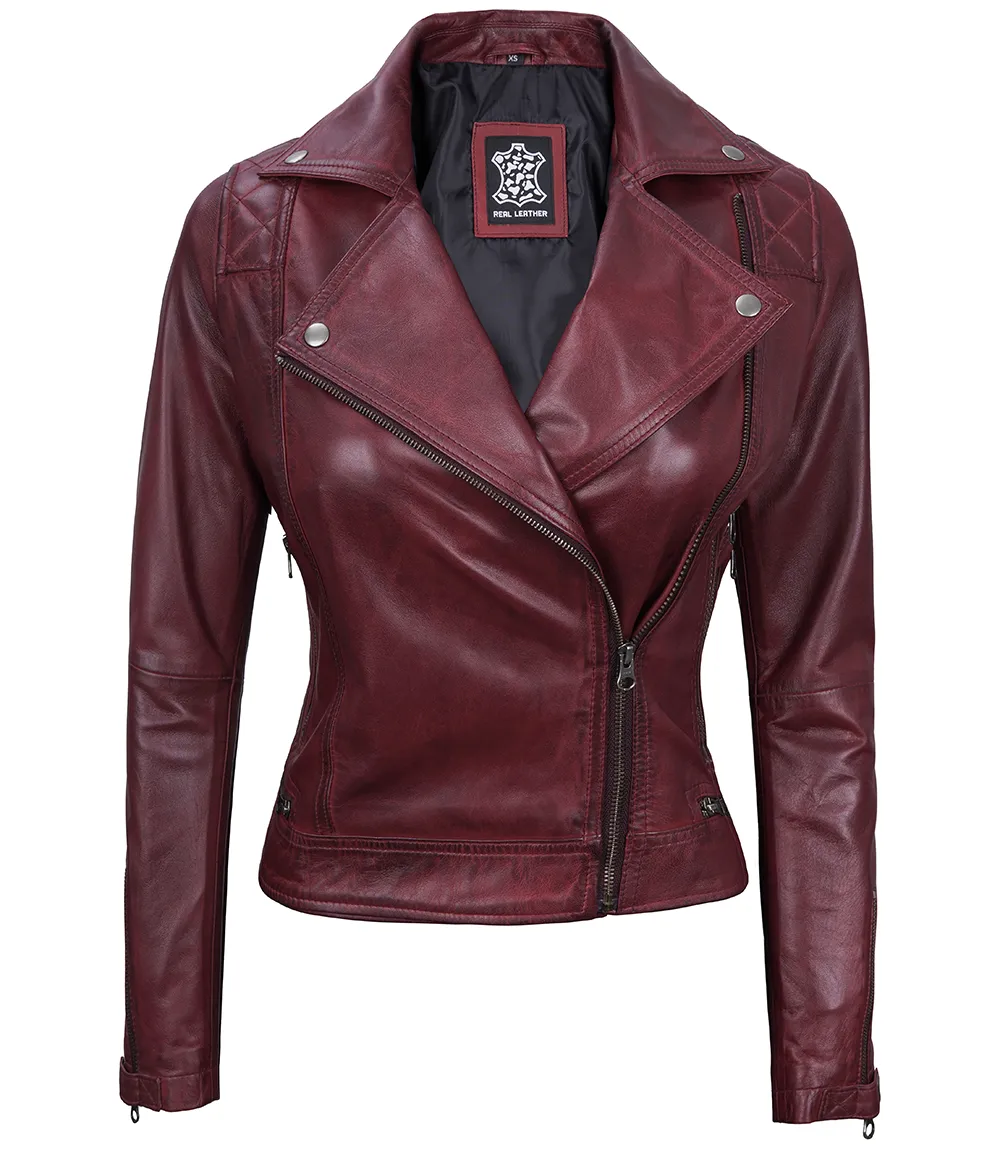 Kimberley Quilted Leather Motorcycle Maroon Jacket for Women