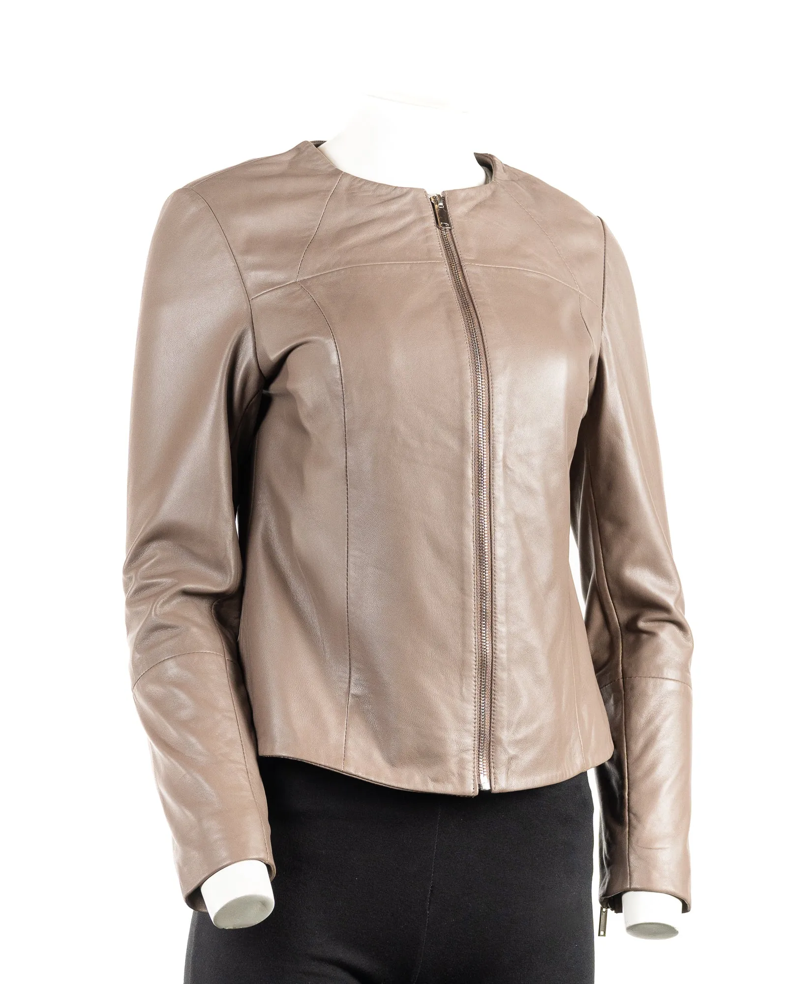 Ladies Simple Round Neck Taupe Leather Jacket: Aria