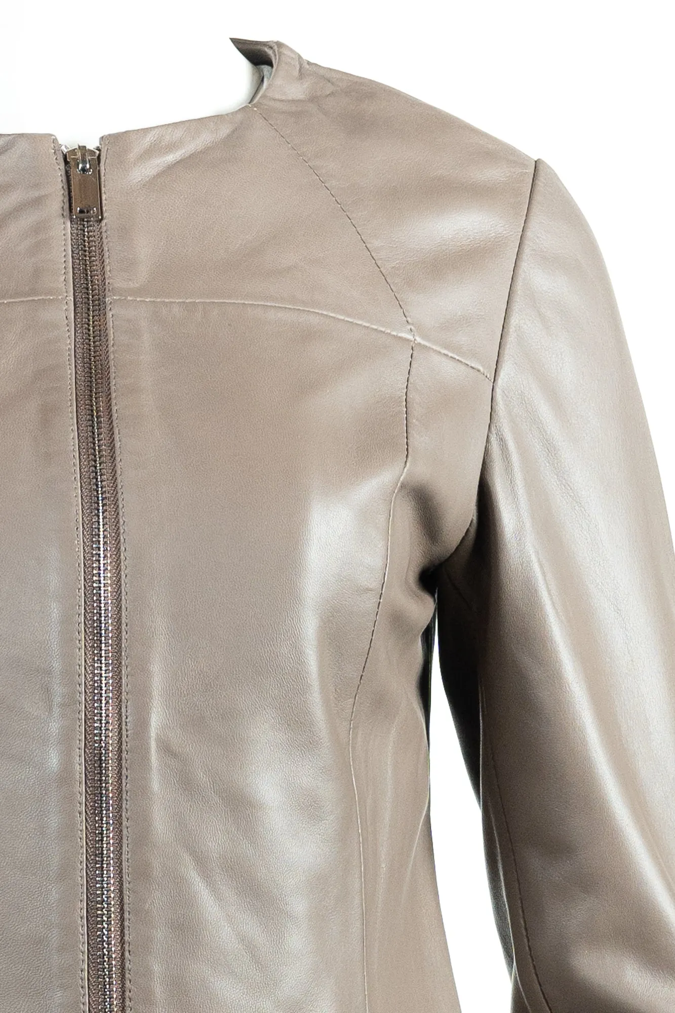 Ladies Simple Round Neck Taupe Leather Jacket: Aria