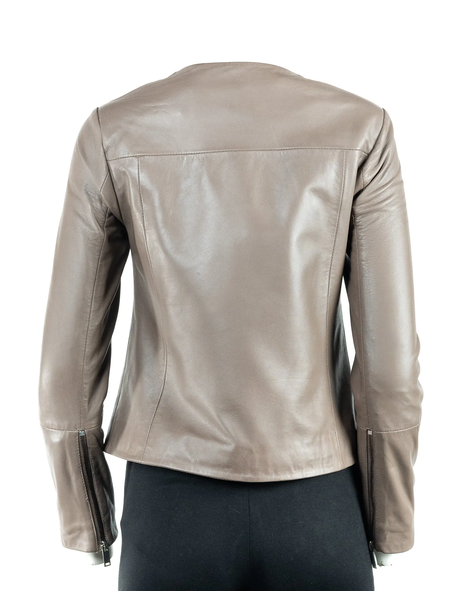 Ladies Simple Round Neck Taupe Leather Jacket: Aria