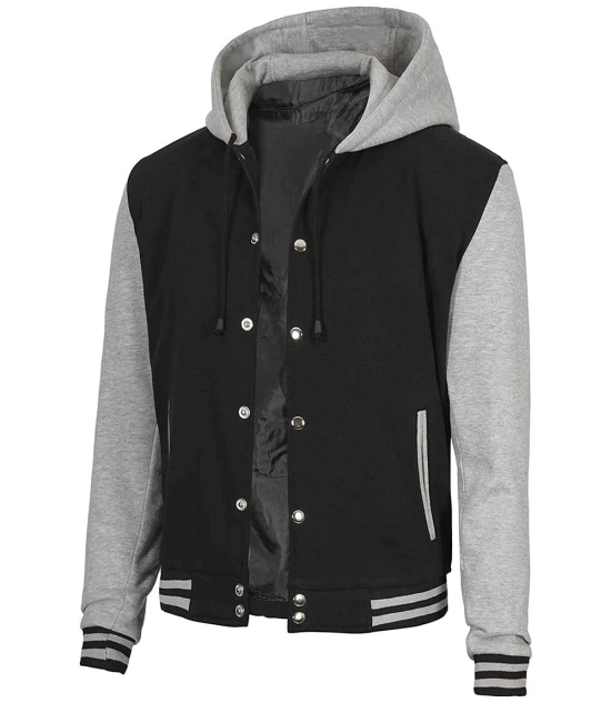 Men's Black and Grey Varsity Jacket with Hood - Letterman Style