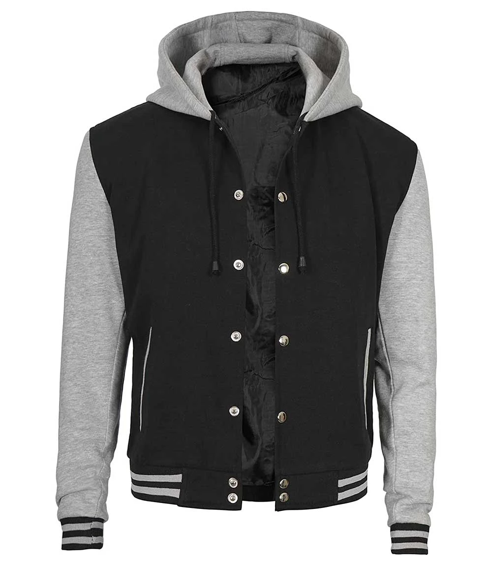 Men's Black and Grey Varsity Jacket with Hood - Letterman Style