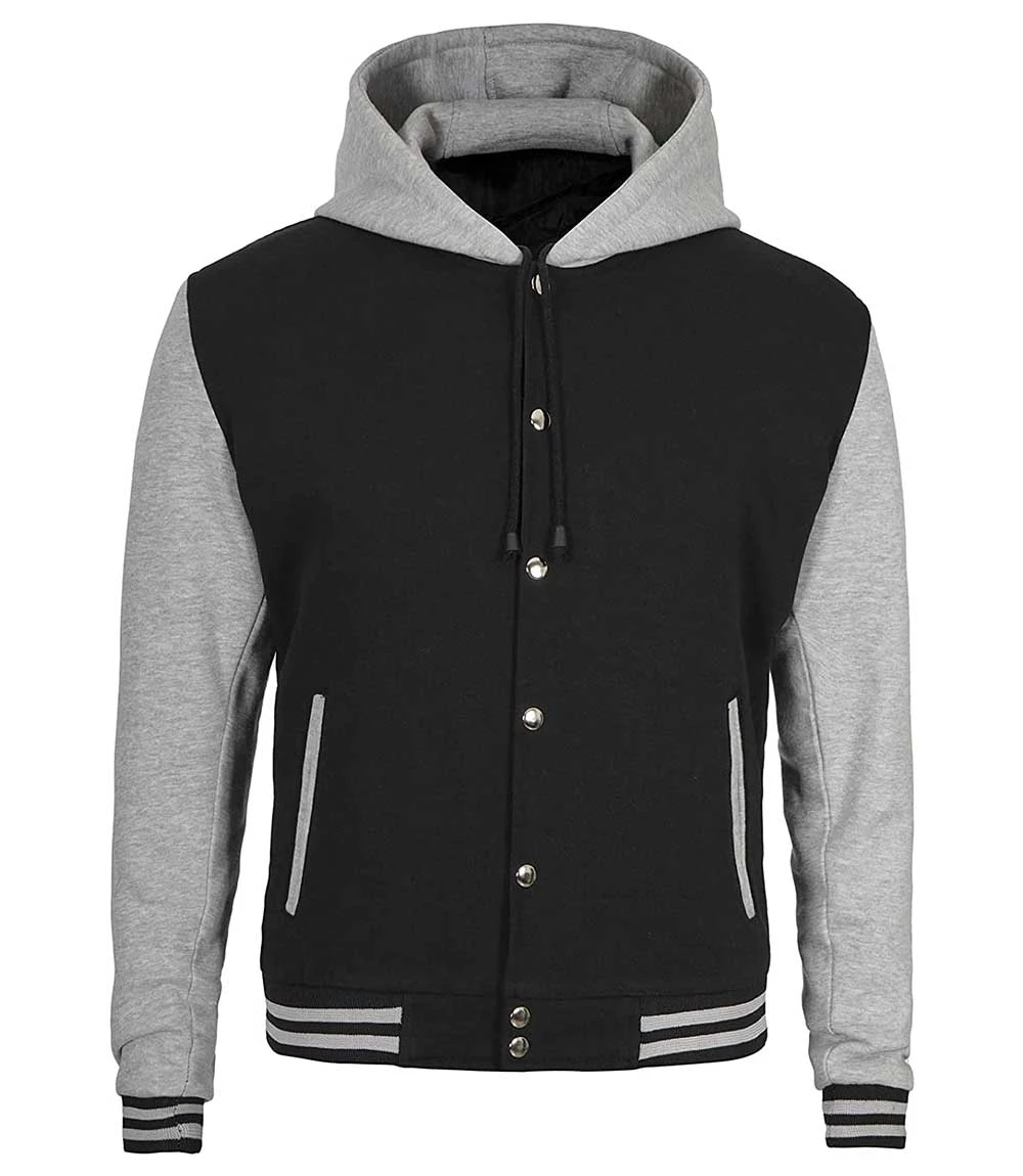 Men's Black and Grey Varsity Jacket with Hood - Letterman Style