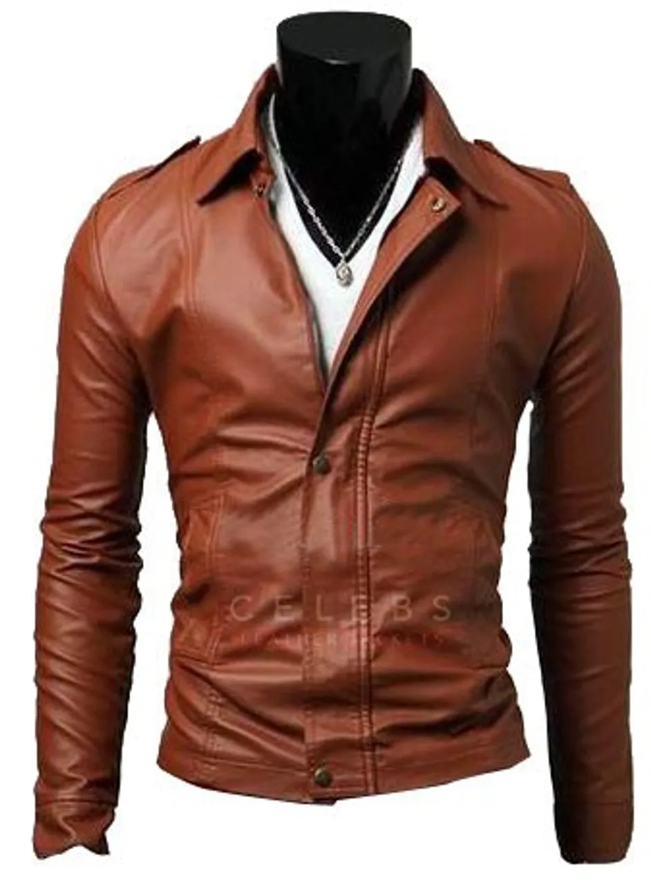 Men's Fashionable Brown Motorcycle Slim Fit Jacket