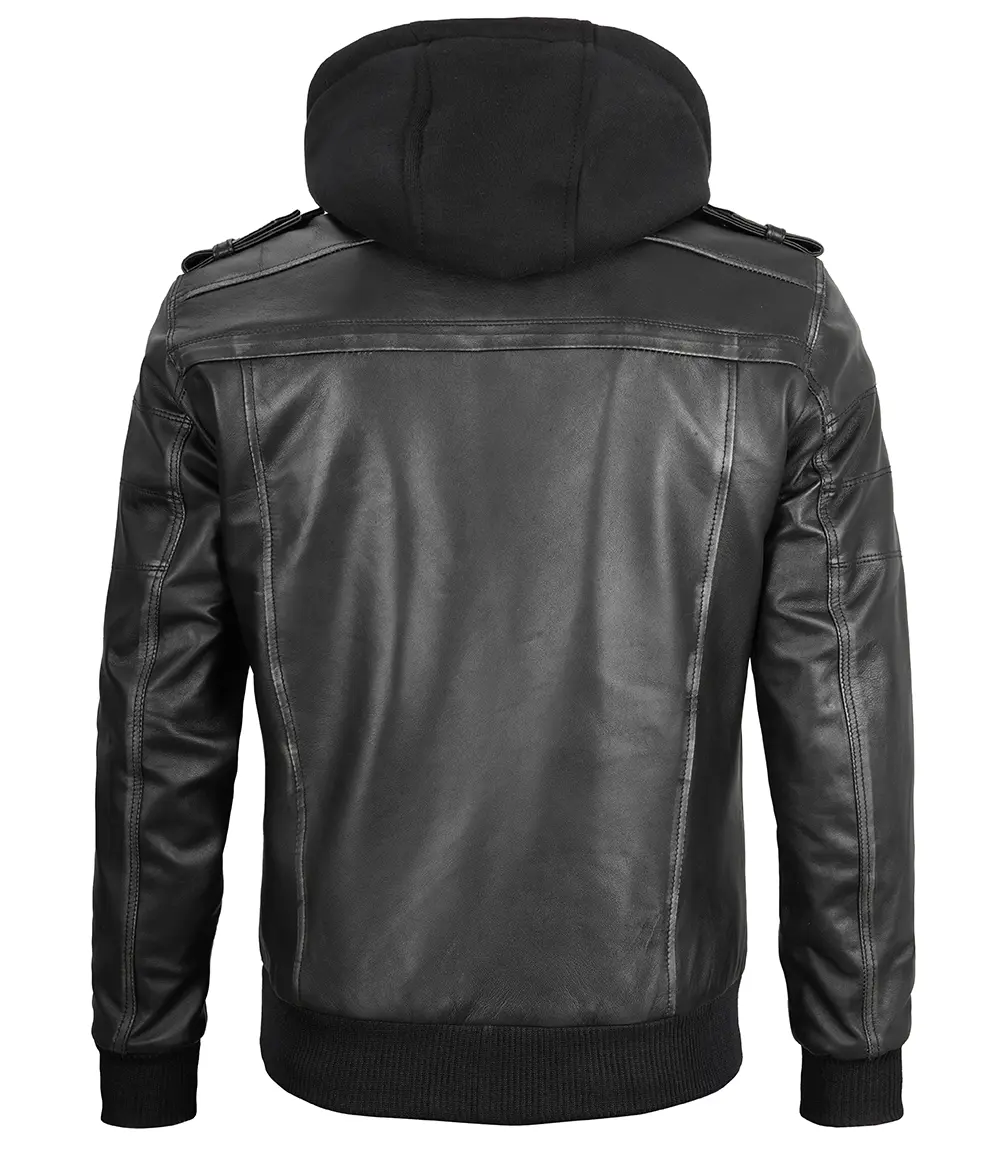 Men's Grey Leather Bomber Jacket with Removable Hood