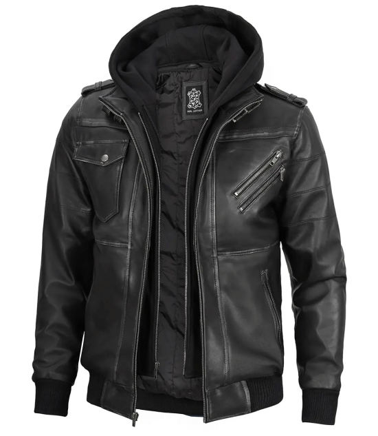 Men's Grey Leather Bomber Jacket with Removable Hood