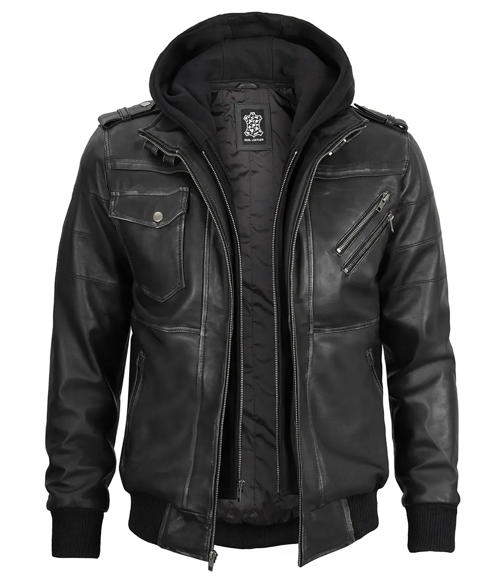 Men's Grey Leather Bomber Jacket with Removable Hood