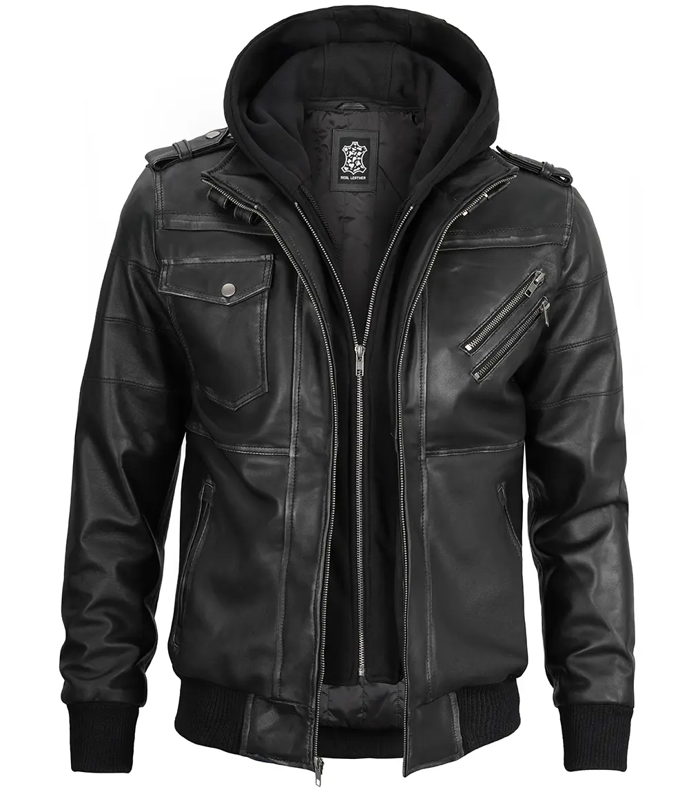 Men's Grey Leather Bomber Jacket with Removable Hood