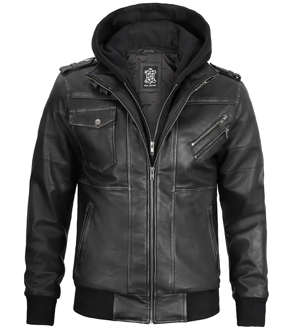 Men's Grey Leather Bomber Jacket with Removable Hood