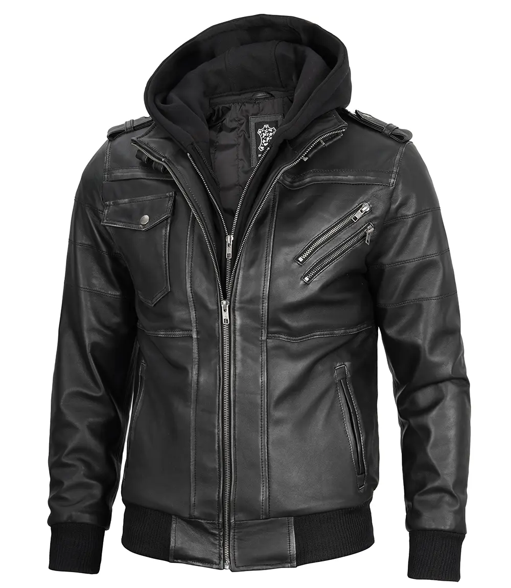 Men's Grey Leather Bomber Jacket with Removable Hood