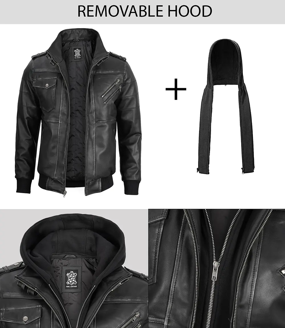 Men's Grey Leather Bomber Jacket with Removable Hood