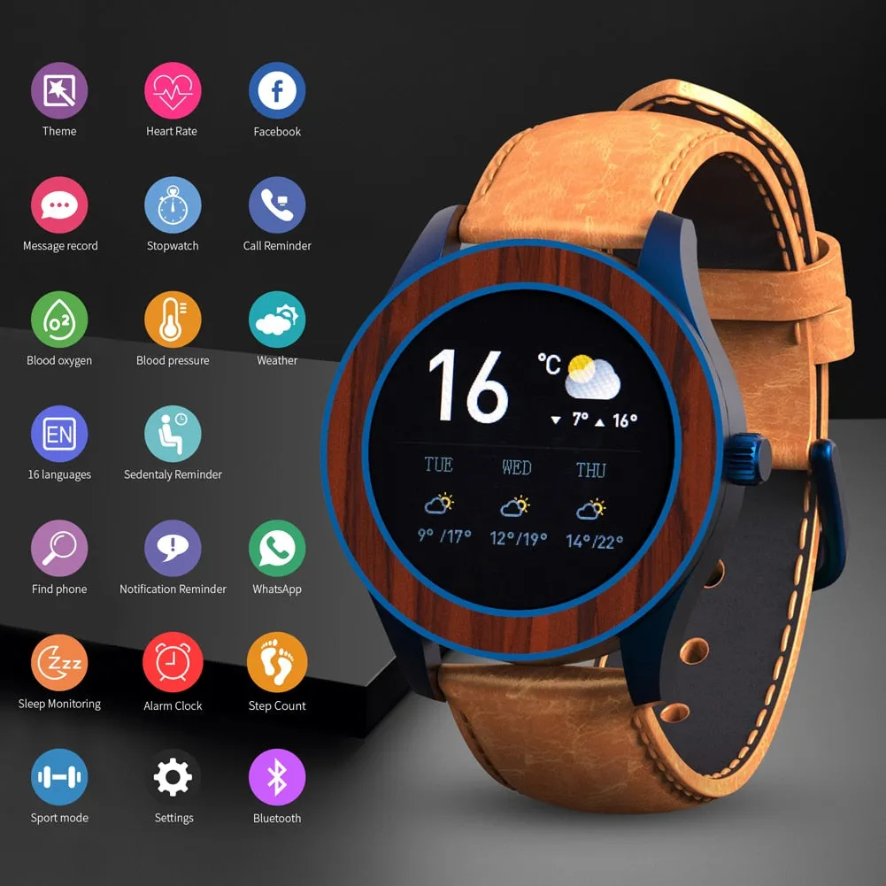 Men's Bamboo Case Bluetooth Heart Rate Sport Multifunction Smartwatch