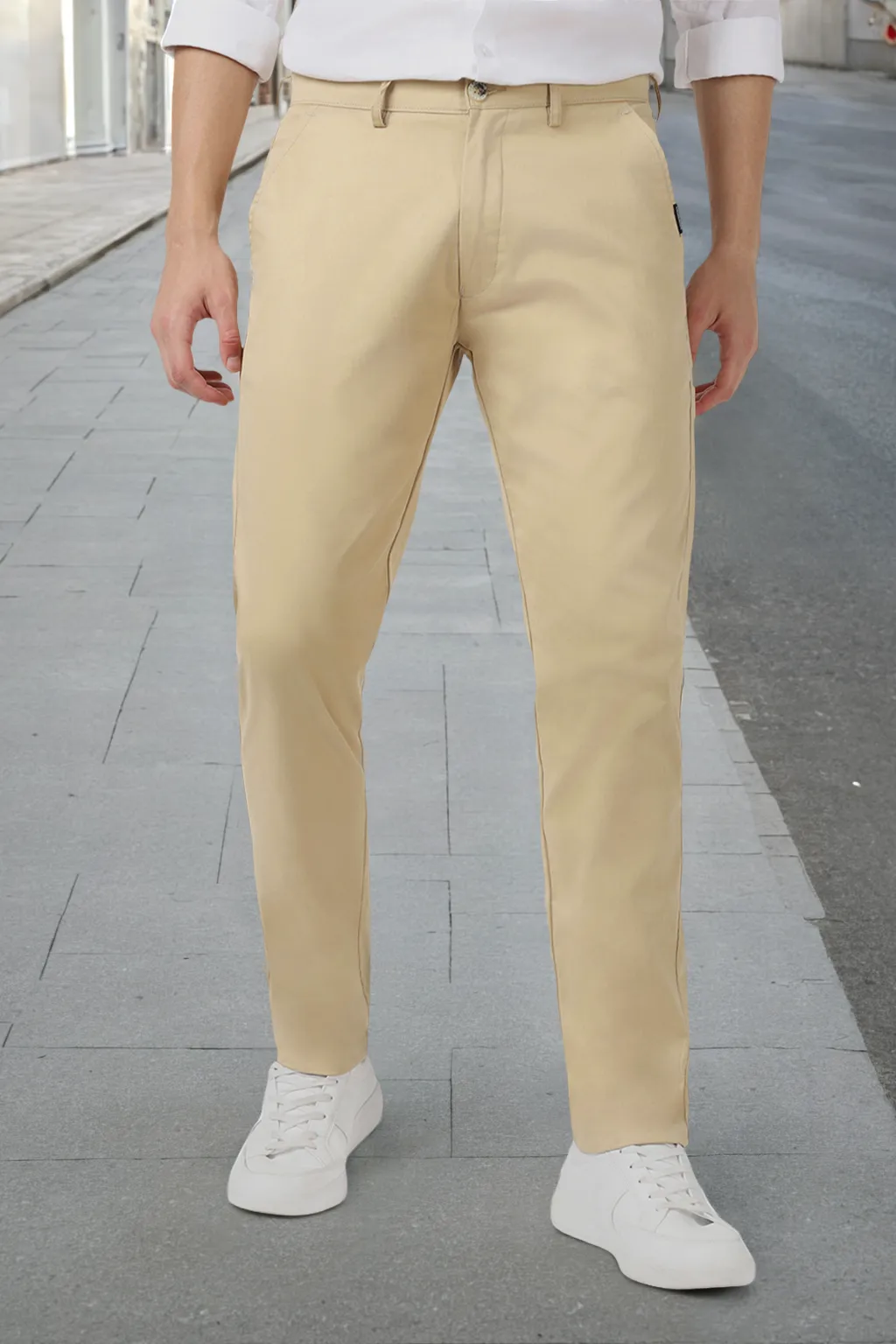 Men's Beige Cotton Slim Fit Casual Chinos Trousers Stretch