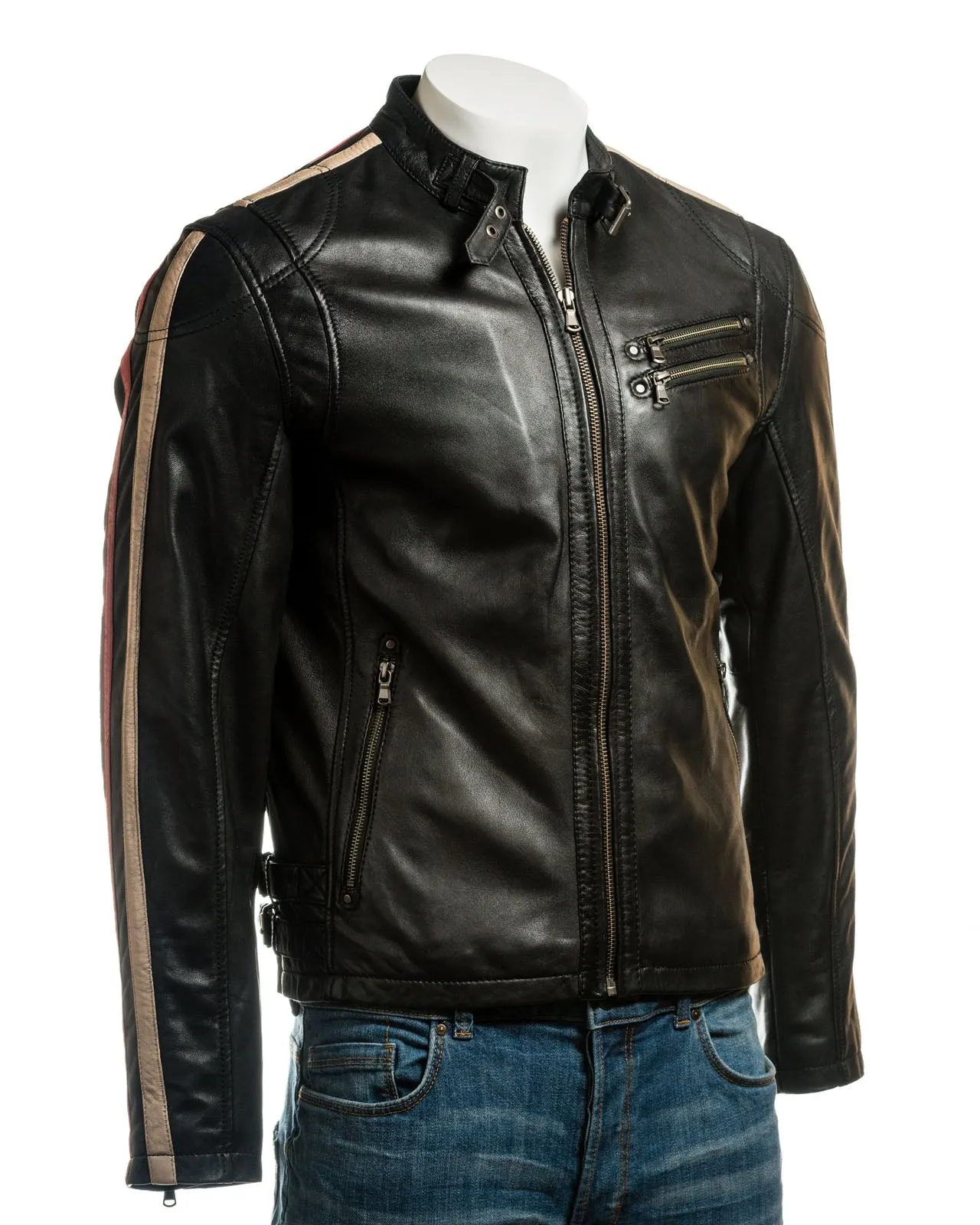 Men's Contrast Stripe Racer Style Leather Jacket: Colombo