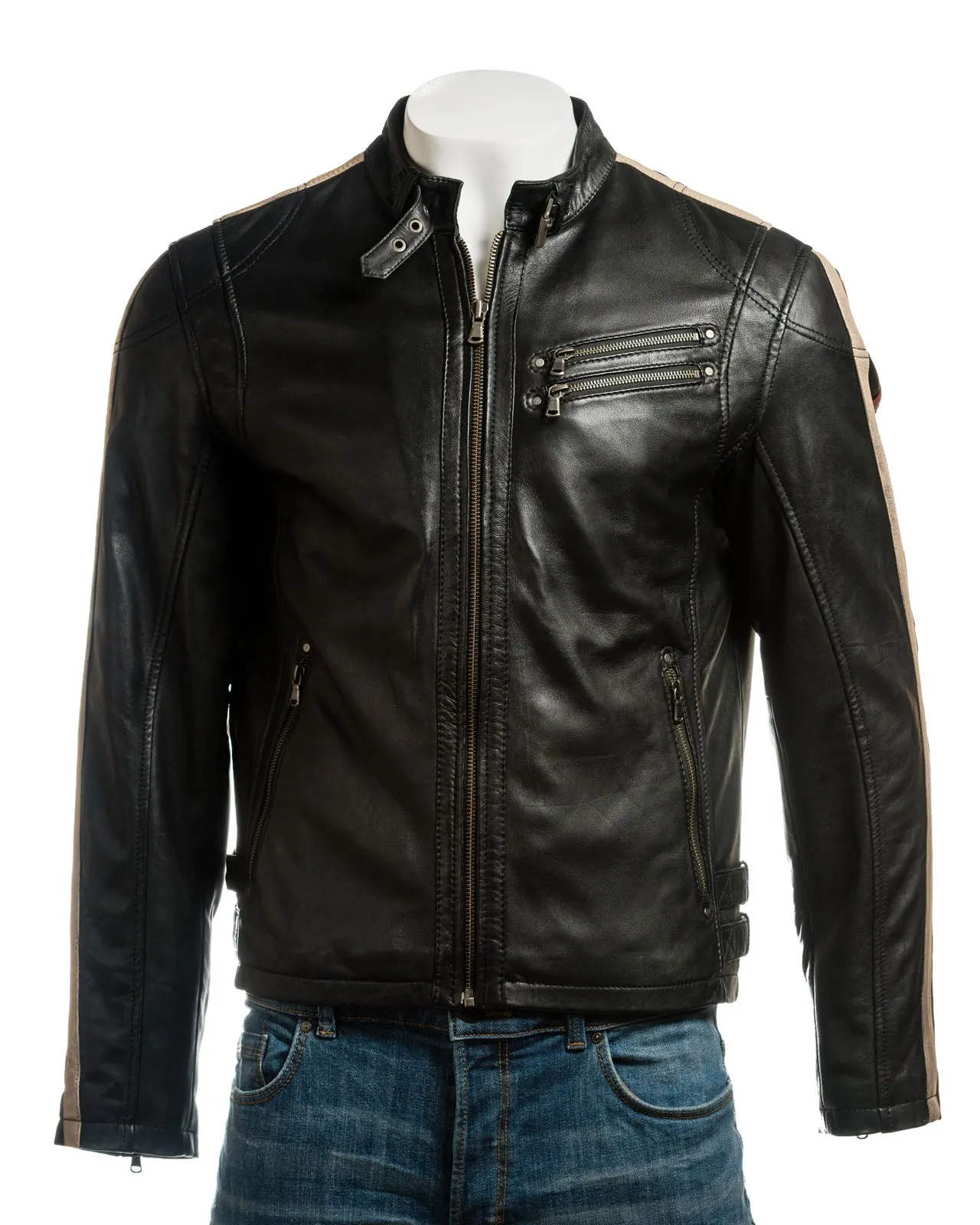 Men's Contrast Stripe Racer Style Leather Jacket: Colombo