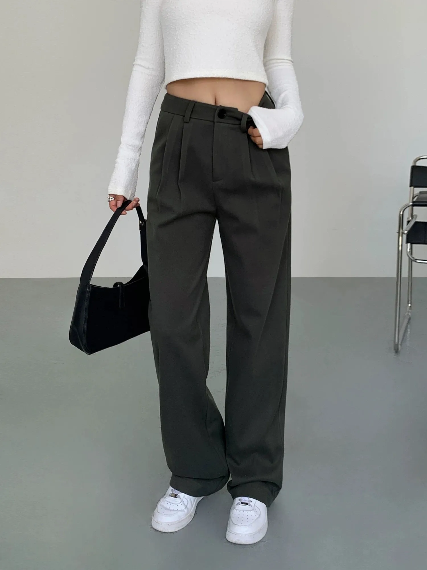 NEVA HU black casual suit pants for women 2023 new high-waist slim loose straight wide-leg floor-length trousers