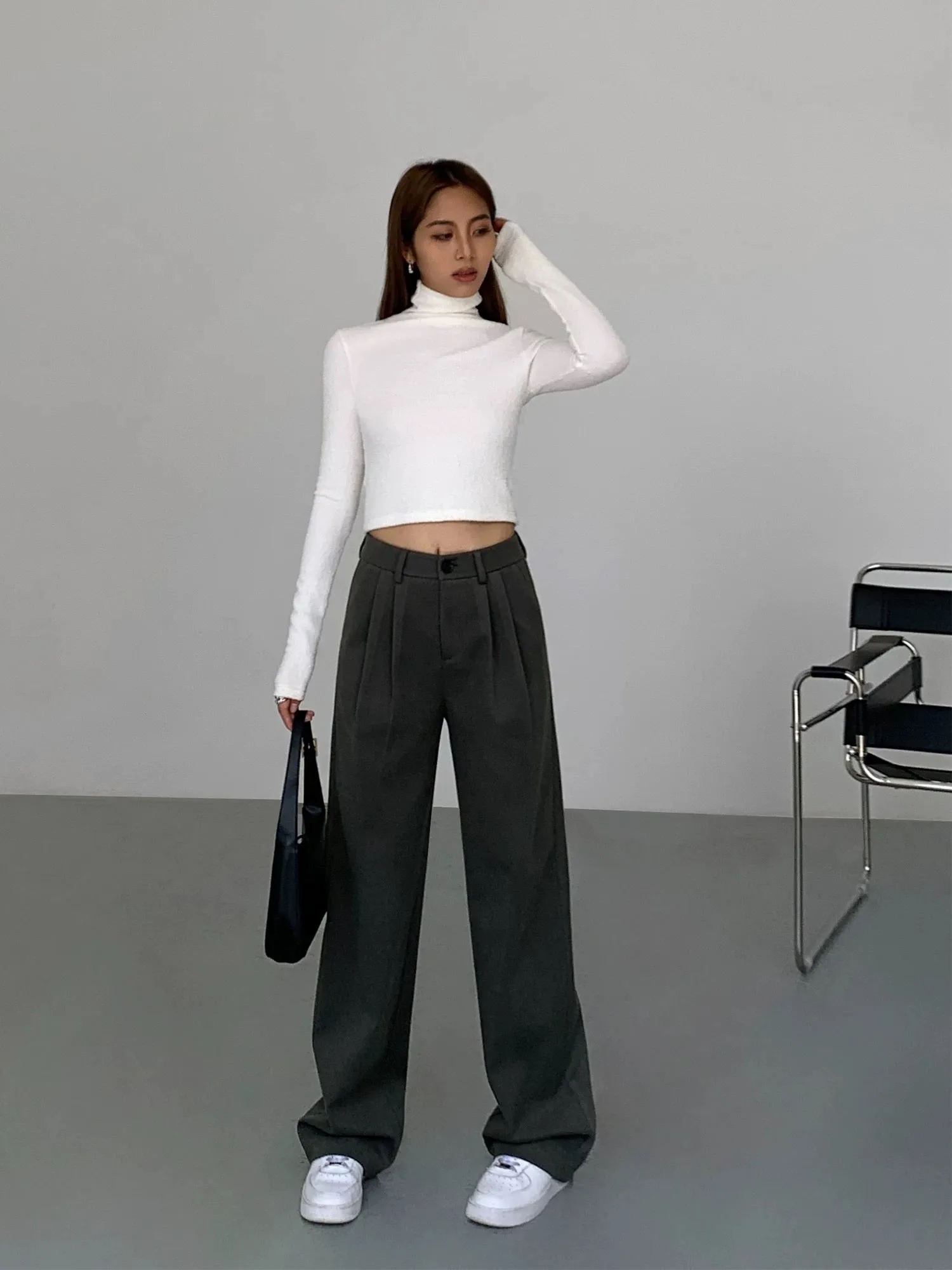 NEVA HU black casual suit pants for women 2023 new high-waist slim loose straight wide-leg floor-length trousers