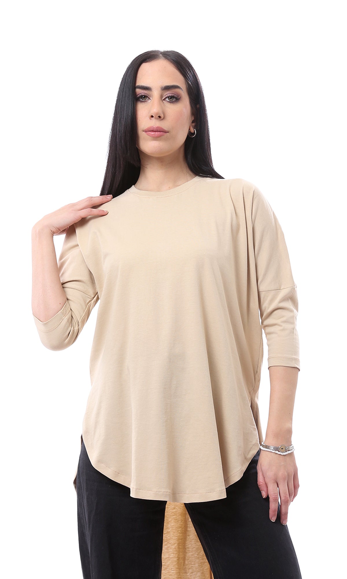 O165470 High-Low Elbow Sleeves Dark Beige Long Tee