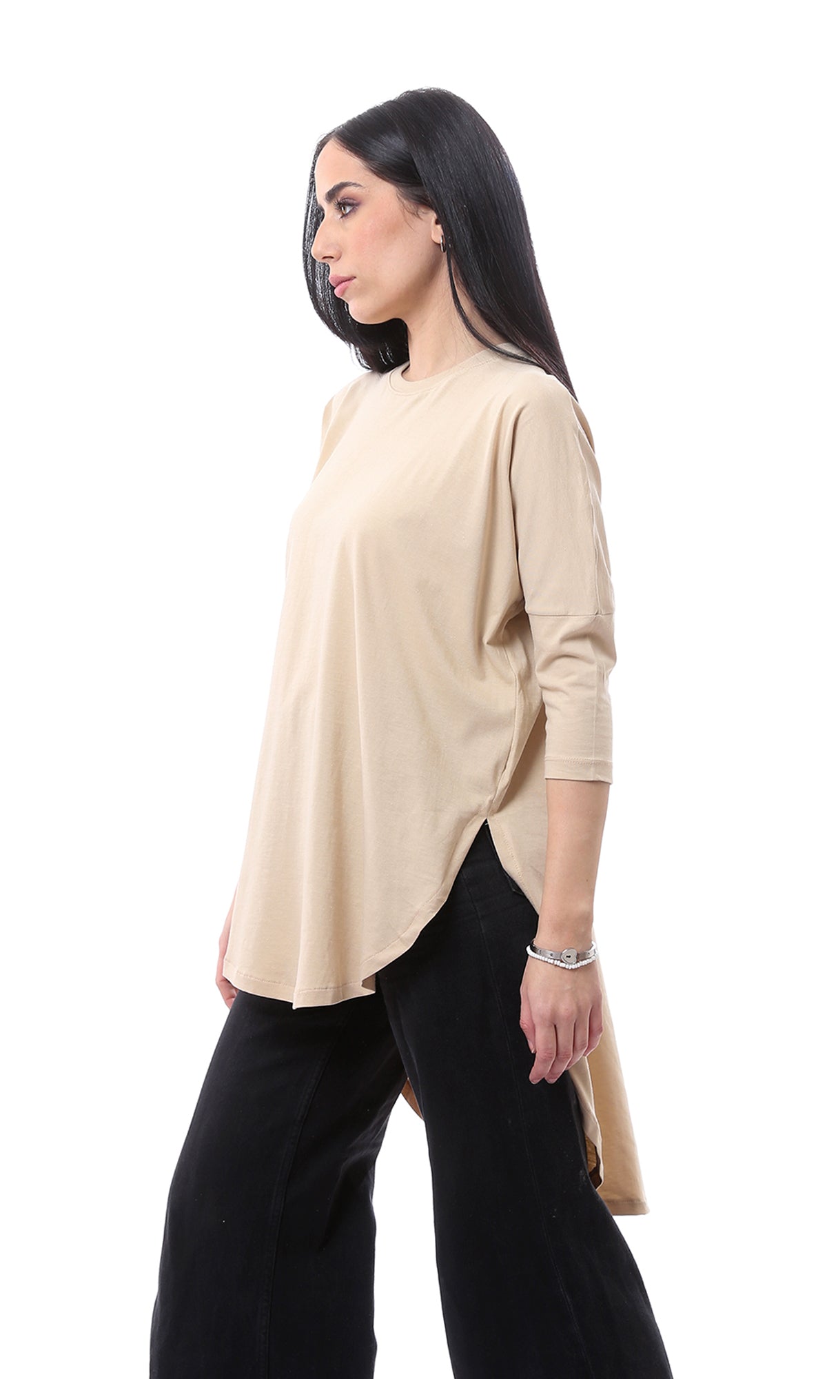 O165470 High-Low Elbow Sleeves Dark Beige Long Tee