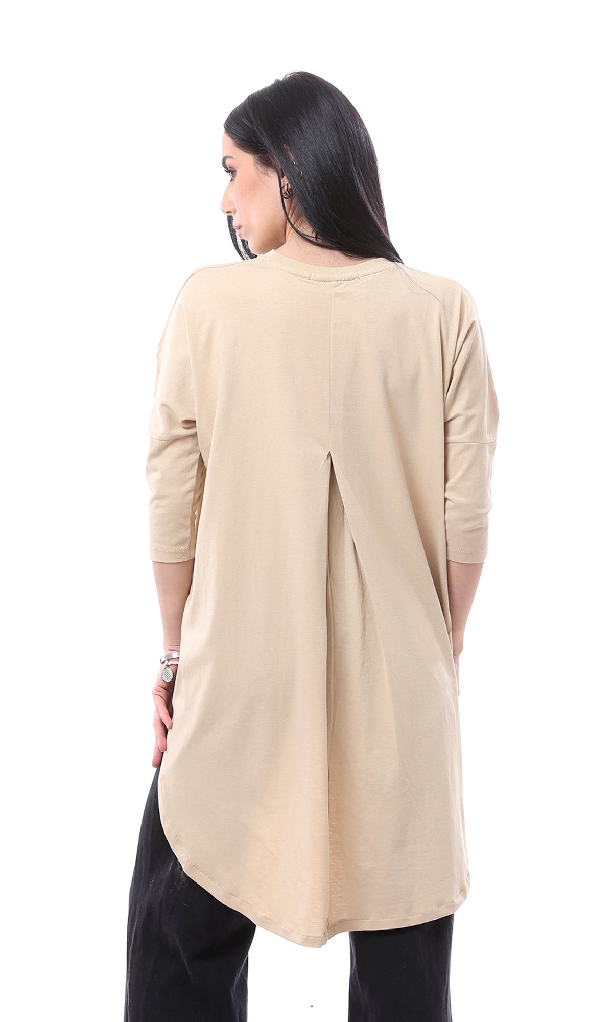 O165470 High-Low Elbow Sleeves Dark Beige Long Tee