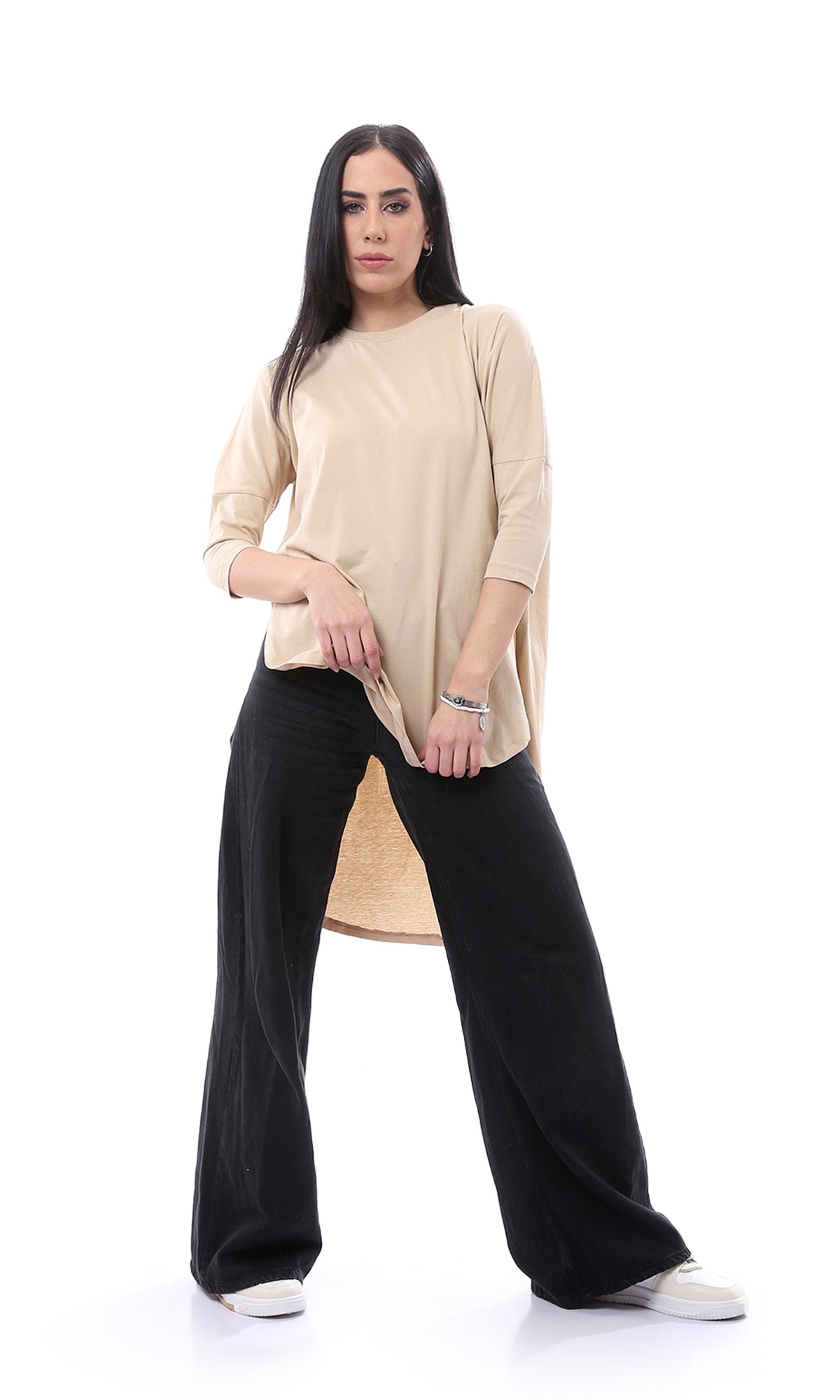 O165470 High-Low Elbow Sleeves Dark Beige Long Tee