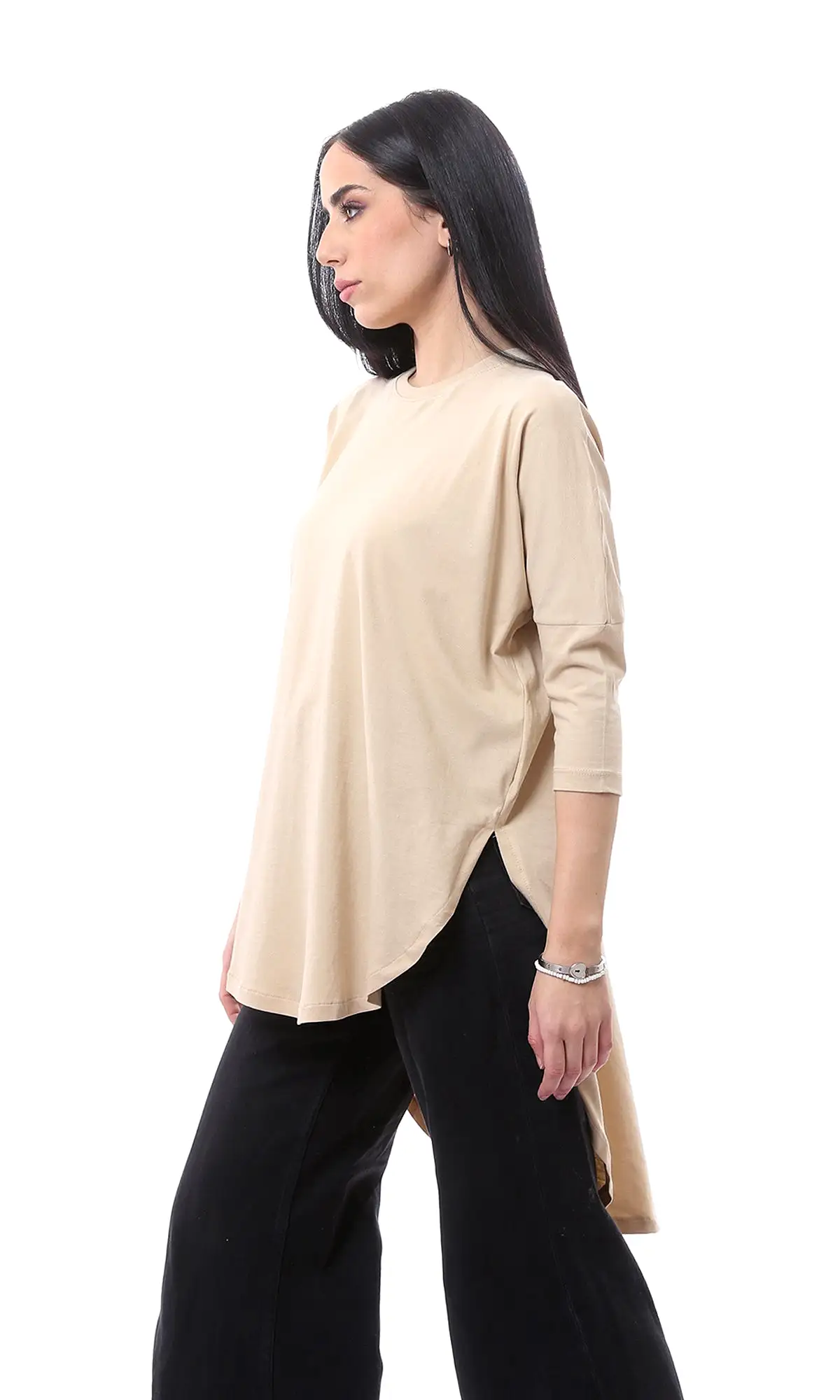 O165470 High-Low Elbow Sleeves Dark Beige Long Tee