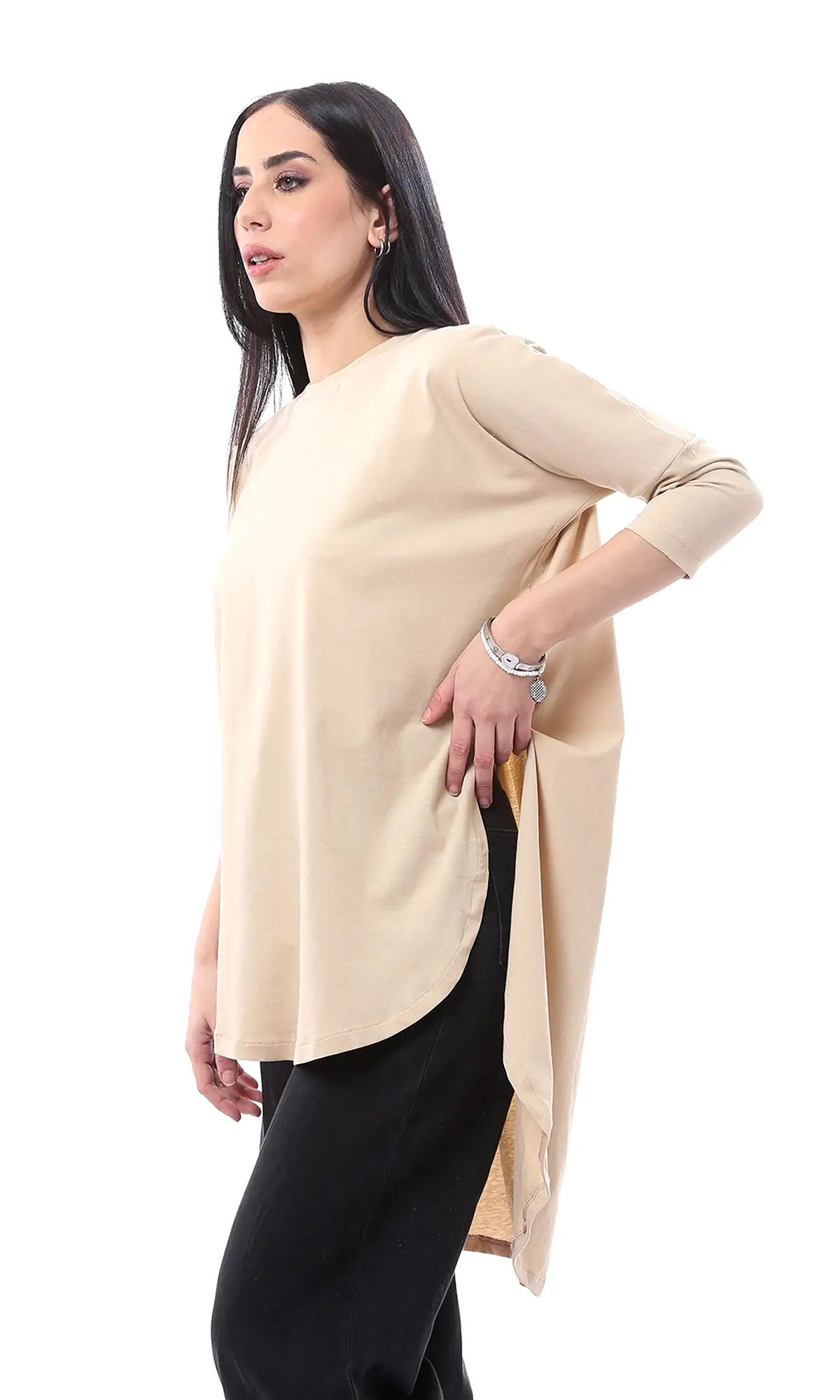 O165470 High-Low Elbow Sleeves Dark Beige Long Tee