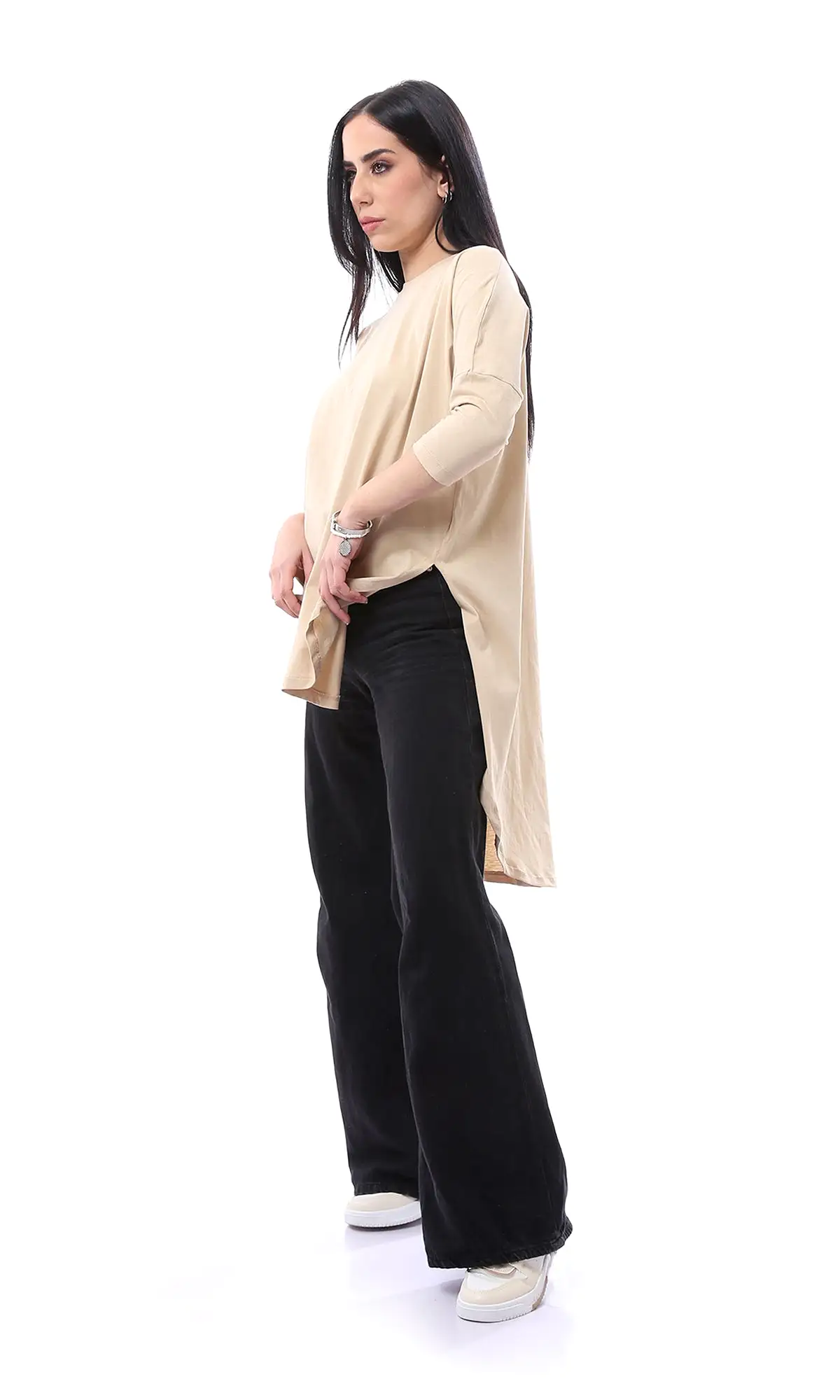 O165470 High-Low Elbow Sleeves Dark Beige Long Tee