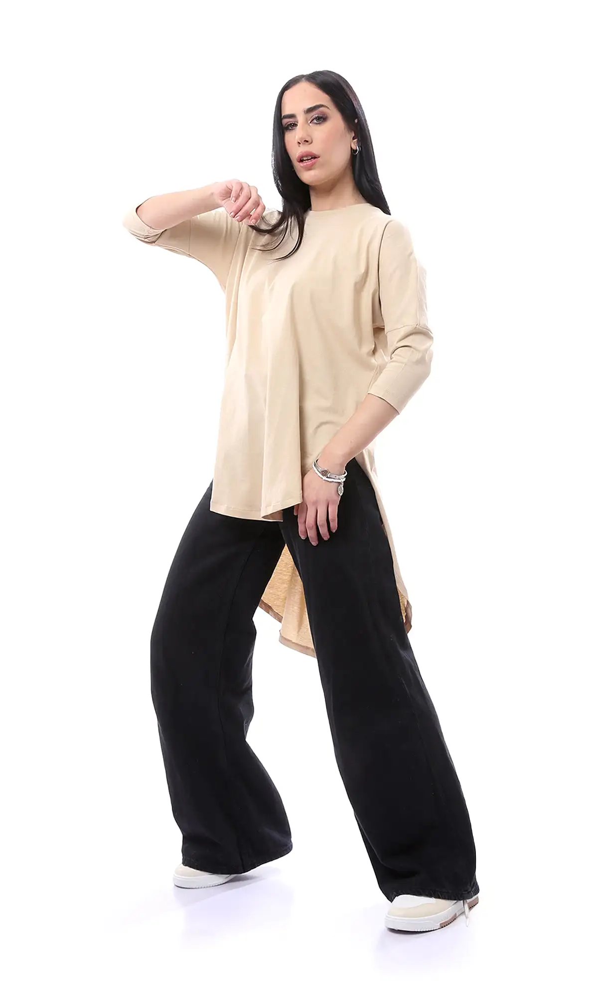 O165470 High-Low Elbow Sleeves Dark Beige Long Tee