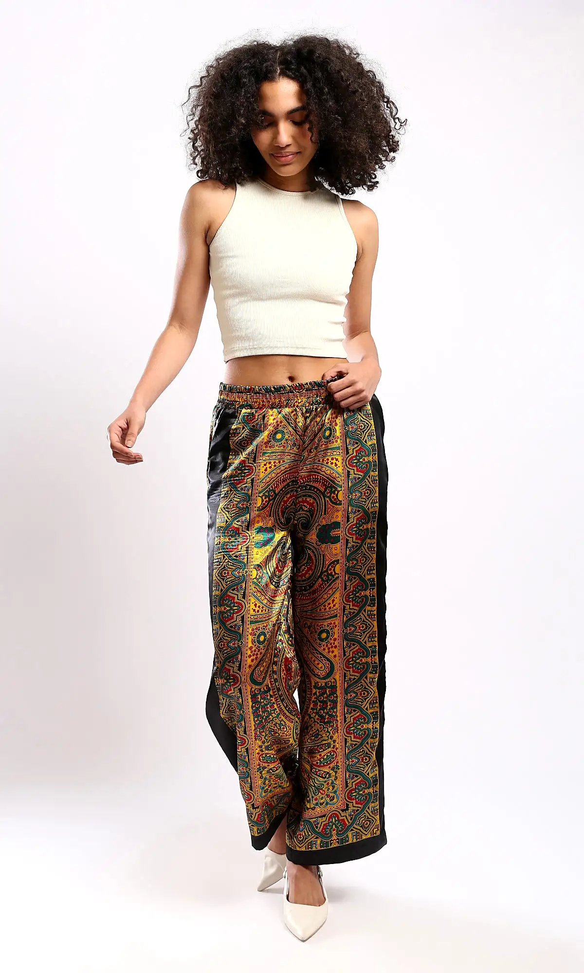 O179127 Fashionable Black & Turquoise Patterned Wide-Leg Pants