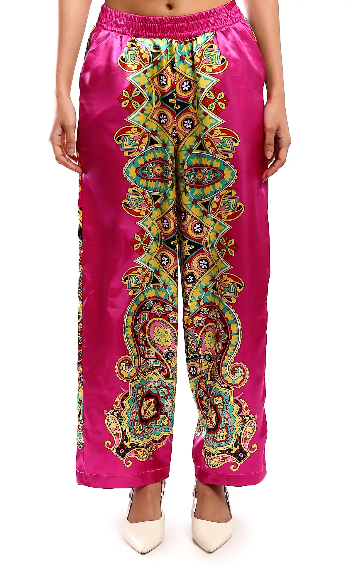 O179130 Shiny Fuchsia & Yellow Evening Wide-Leg Pants