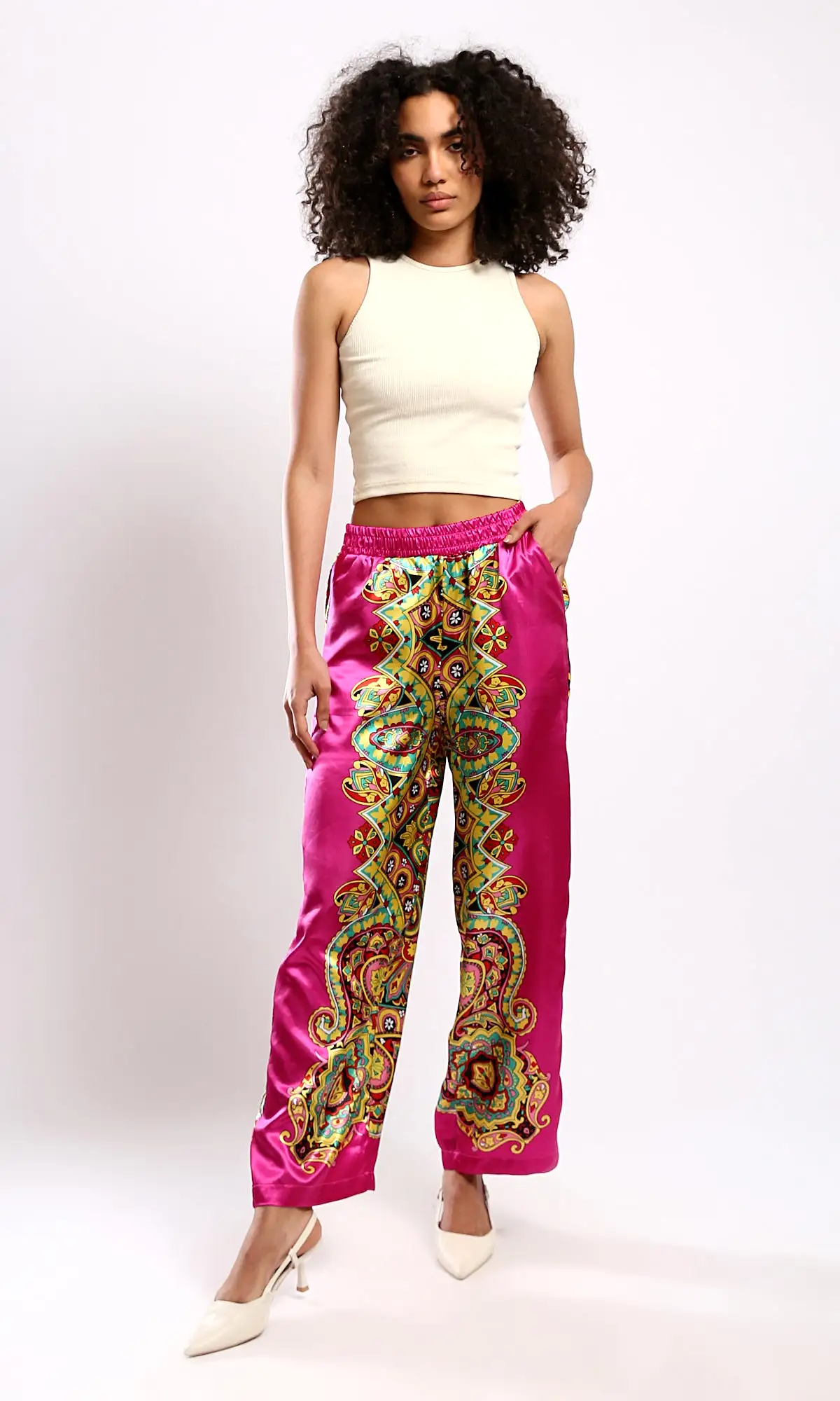 O179130 Shiny Fuchsia & Yellow Evening Wide-Leg Pants