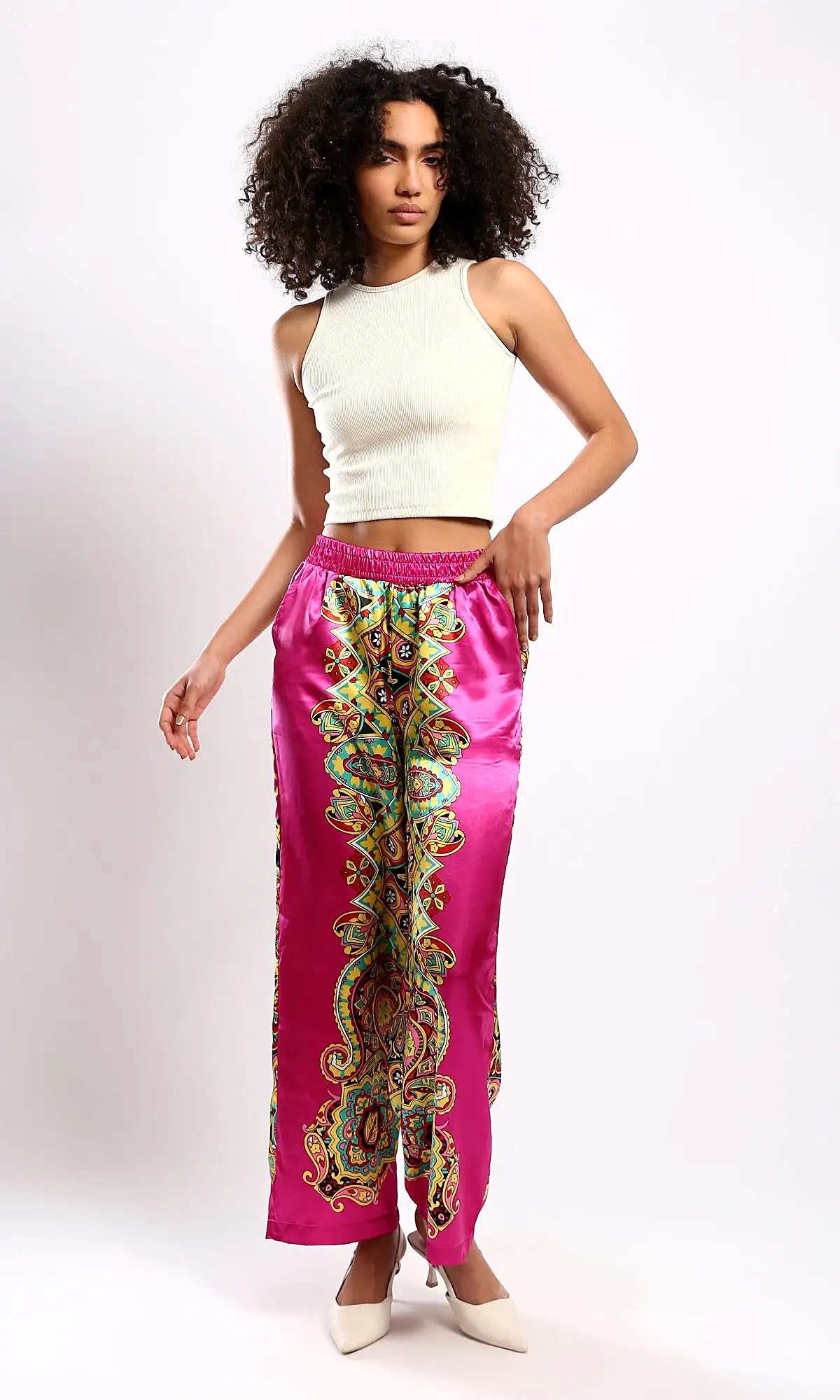 O179130 Shiny Fuchsia & Yellow Evening Wide-Leg Pants