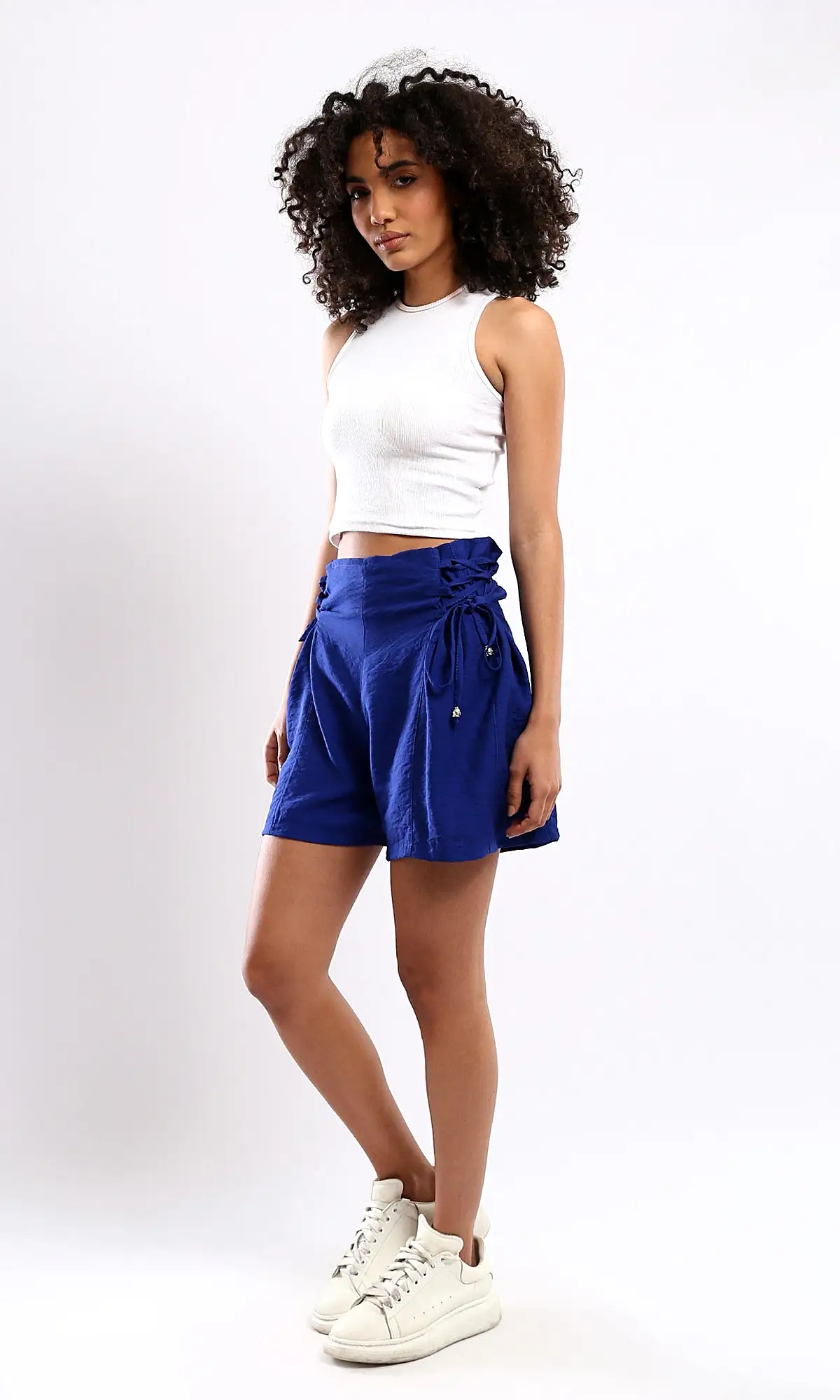 O179831 Dark Blue Wide Leg Shorts With Elastic Waist