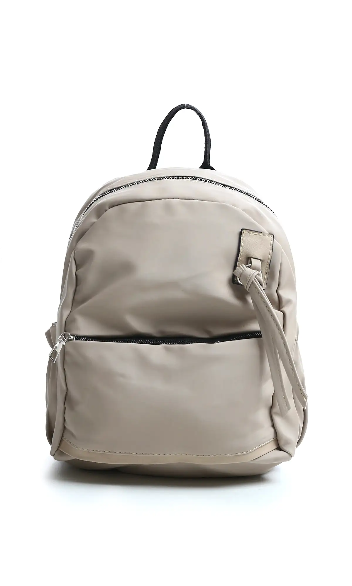 O181040 Solid Zipped Backpack With Outer Pocket - Beige